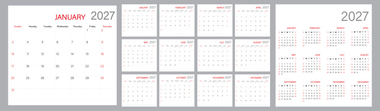 Monthly timetable calendar layout for 2026 year for workspace, wall, web use | Diary organizer for 2026 year | Week Begins on Sunday | 12-month calendar template 2027 with annotation section