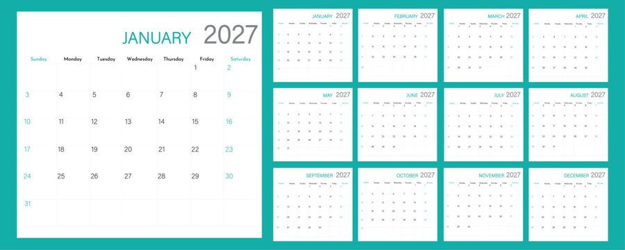 Annual planner calendar 2027 beginning Sunday | English monthly schedule template | Calendar with reminder notes section | Modern office calendar design