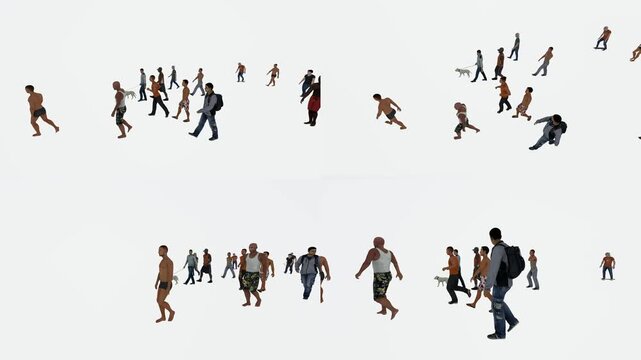 Walking crowd top view collection for green screen compositing with chromakey background and 3d animated cartoon animation style. Overhead human motion footage for editing scenes transitions.
