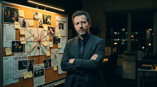 Man standing in front of creative office brainstorming wall with sticky notes and photos Detective Mystery Document, Dark Cinematic