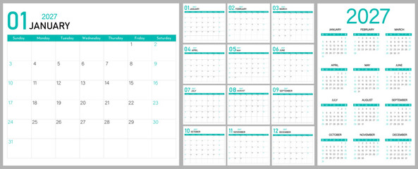 Calendar 2027 planner modern layout template   Week starts on Sunday   Set of 12 months English planning calendar 2027   Professional wall, desk, web calendar 2027   Vector annual or monthly organizer © CSE20