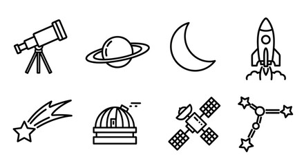 Collection of line art icons depicting various elements of space exploration and astronomy © matahari