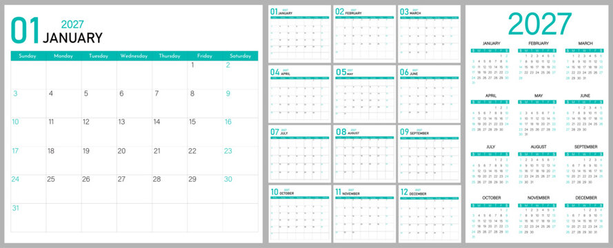 Calendar 2027 planner modern layout template | Week starts on Sunday | Set of 12 months English planning calendar 2027 | Professional wall, desk, web calendar 2027 | Vector annual or monthly organizer
