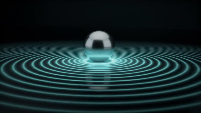 A sleek metallic sphere floats over a dark plane, generating hypnotic teal-colored concentric wave ripples that radiate outwards in a clean, futuristic 3D animation.