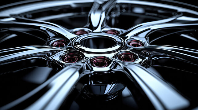 Close up of a polished silver rim with red details reflecting light in a studio, showcasing the intricate design and modern aesthetics of the wheel.