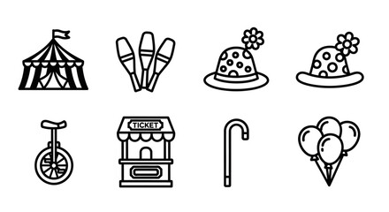 Circus icons tent, juggling pins, hats, unicycle, booth, cane, balloons © matahari