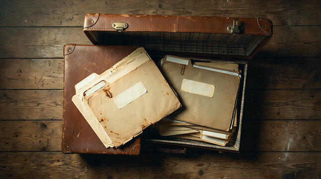 Vintage leather notebook and metal tray with papers on rustic wooden surface Detective Mystery Document, Dark Cinematic