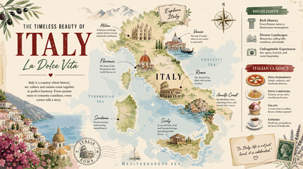 A watercolor map of Italy highlighting famous cities, landmarks, and cultural experiences, embodying 'La Dolce Vita'. © devi