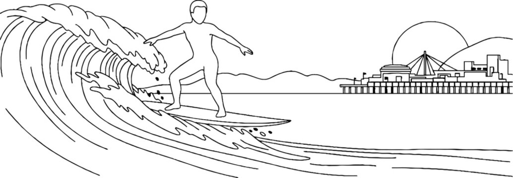 Skilled surfer riding large ocean wave illustration outline.