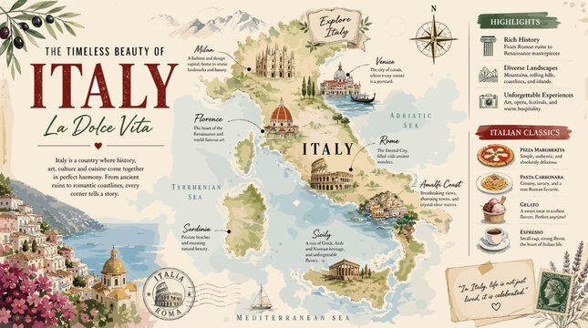 A watercolor map of Italy highlighting famous cities, landmarks, and cultural experiences, embodying 'La Dolce Vita'.