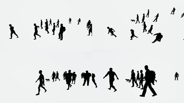 Crowd silhouette top view collection for green screen compositing with chromakey background and 3d animated cartoon animation style. Overhead human motion footage for editing scenes transitions.