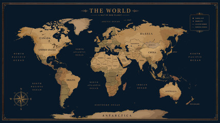 A vintage-style world map illustration with detailed country borders and ocean names, presented in a sepia and dark blue color palette. © devi