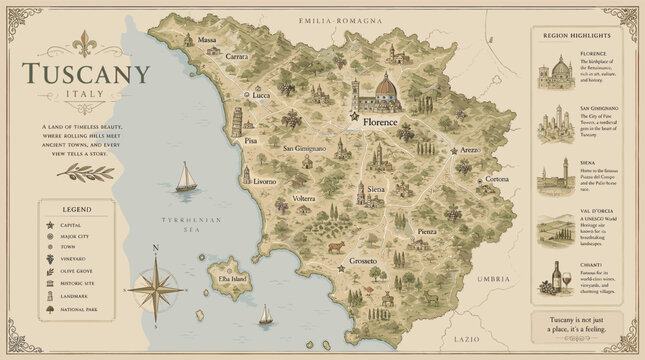 A beautifully illustrated map of Tuscany, Italy, highlighting major cities, landmarks, and geographical features, with a decorative border and inset illustrations.