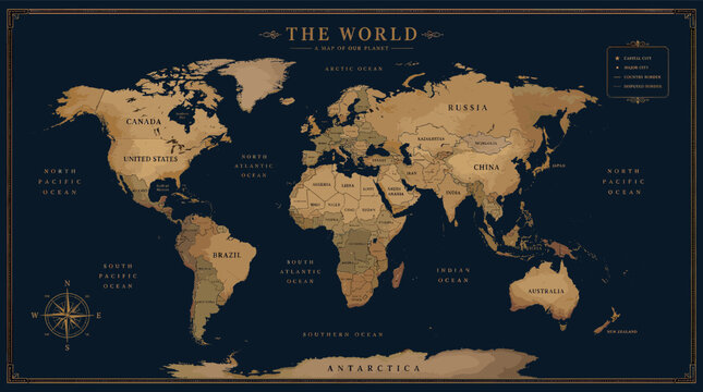 A vintage-style world map illustration with detailed country borders and ocean names, presented in a sepia and dark blue color palette.