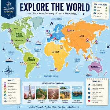 Explore the World: A Comprehensive World Map Illustrating Continents, Oceans, and Bucket List Travel Destinations with Planning Tips.