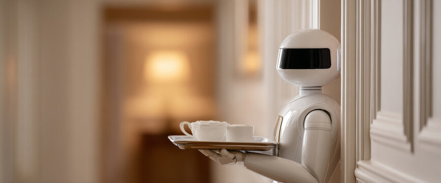 Futuristic robot serving tea indoors