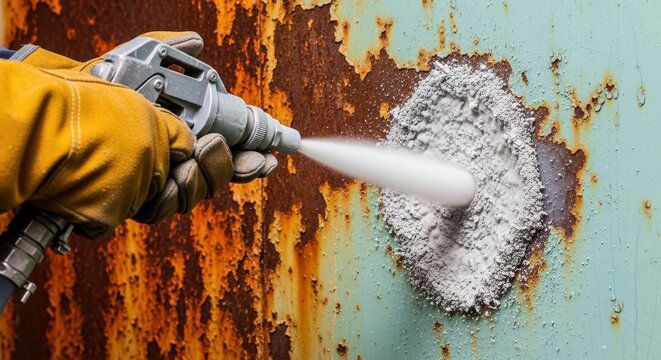 Worker sandblasting a rusted metal wall for surface restoration and rust removal