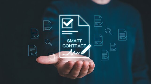 Digital illustration of hands interacting with a smart contract and digital documents, symbolizing agreement and blockchain technology