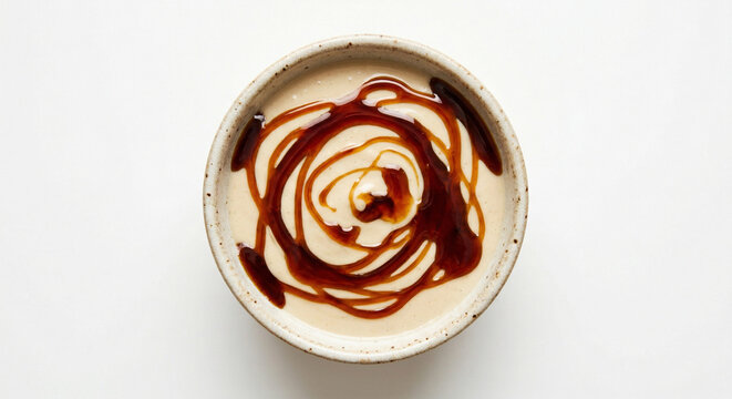 Small ceramic bowl of tahini with sesame paste drizzle