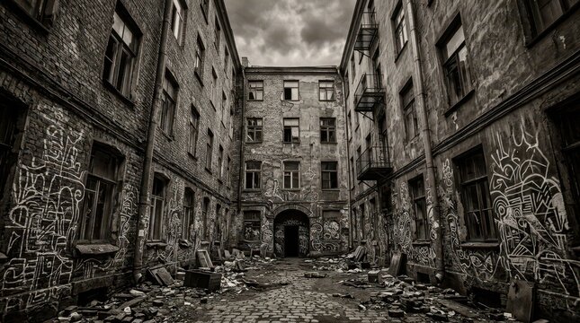 Gritty black and white view of an abandoned urban courtyard with graffiti and debris