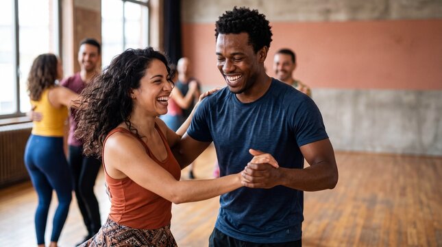 Diverse group laughing and dancing together in a studio class