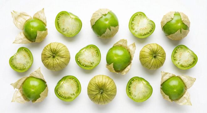 Whole and halved fresh tomatillos with vivid green fruit