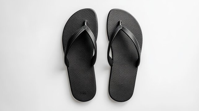 Overhead view of a pair of simple black flip-flops on a white background.