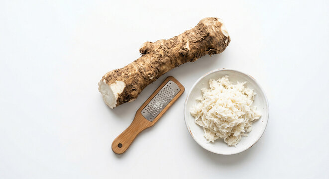 Fresh horseradish root and grated flesh on white background