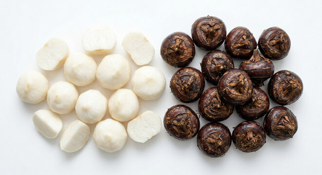 Fresh whole and peeled water chestnuts on white background