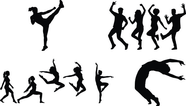 Active people silhouette vector set featuring dancing friends martial arts high kick gymnastics leaps and backflip poses
