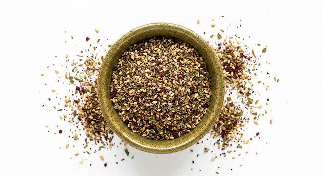 Small ceramic bowl of za'atar spice with sesame and sumac