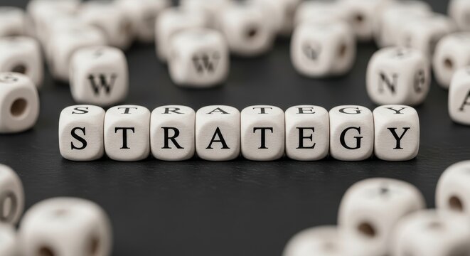 STRATEGY word spelled out with white wooden dice on a dark background, surrounded by other scattered letter cubes