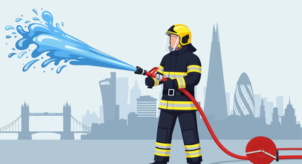 Firefighter in action, spraying water, city skyline background, emergency response concept © Professor
