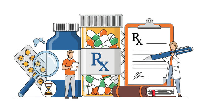 Pharmacist and doctor with prescription, medication, healthcare concept, pharmacy background