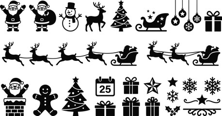 Christmas vector icon bundle featuring black silhouette designs of Santa Claus reindeer snowmen and holiday ornaments © MDSAMEUL