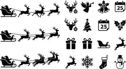 Christmas vector icon bundle featuring Santa Claus in sleigh flying reindeer silhouettes and winter holiday symbols © MDSAMEUL