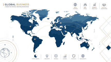 Global Business Connections and Opportunities Illustrated on a World Map with Icons. © pria