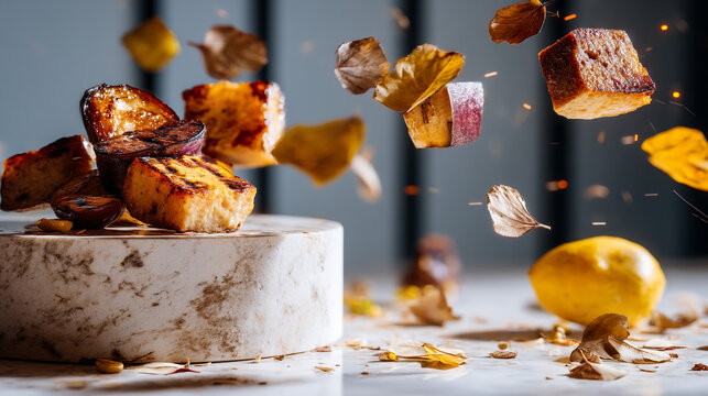 Grilled bread cubes falling onto marble surface with croutons levitation culinary