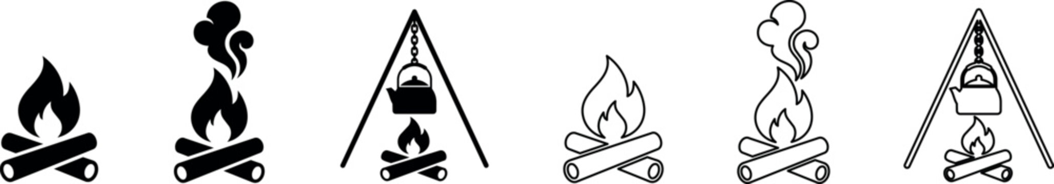 A collection of campfire icons featuring flames, smoke, and cooking elements in minimalist black and white vector style, perfect for outdoor and camping themes