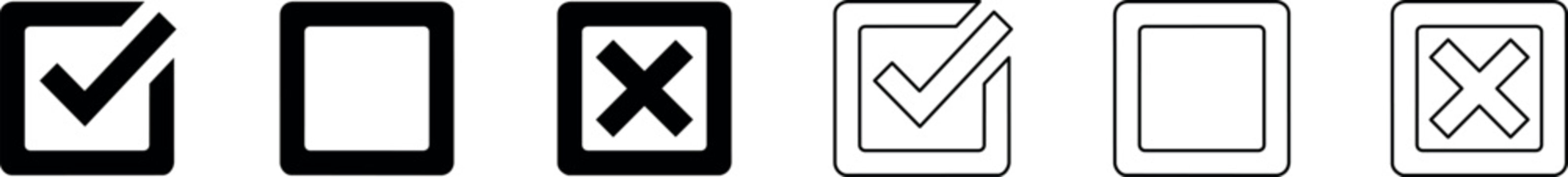 A collection of check and cross icons in black and white minimalist vector style, perfect for user interface design