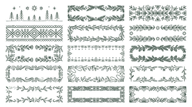 Collection of hand-drawn decorative borders and frames with floral and geometric elements, perfect for invitations and scrapbooking.