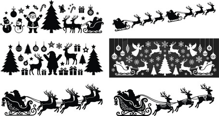 Christmas vector silhouette bundle featuring Santa Claus in sleigh flying reindeer and decorative winter holiday icons © MDSAMEUL