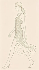 Fototapeta premium A detailed line art illustration of a woman walking in profile, wearing an intricately patterned sleeveless dress and high heels.