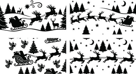 Christmas vector silhouette landscape bundle with Santa Claus in sleigh flying reindeer and winter pine forests © MDSAMEUL