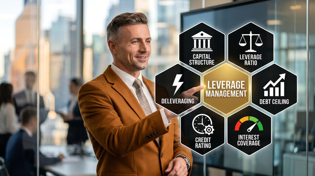 Businessman presenting financial strategy, leverage management concept, office background, icons