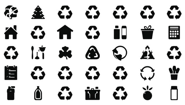 Symbols of environmental sustainability and recycling processes are organized in a grid to highlight ecological awareness and green living initiatives globally.