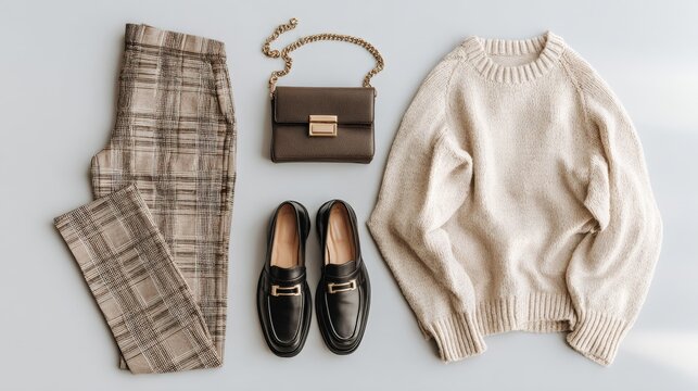 Brown pants in check, beige knitted oversize sweater, cross body bag, black loafers or flat shoes on grey background. Overhead view of women's casual day outfit. Flat lay, top.