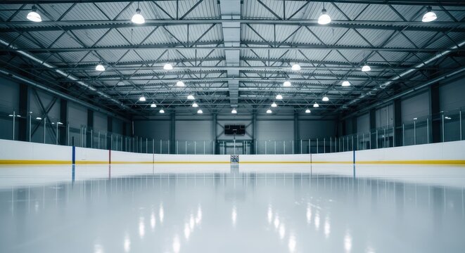 Empty Ice Hockey Rink Arena with Reflective Ice Surface and Overhead Lights