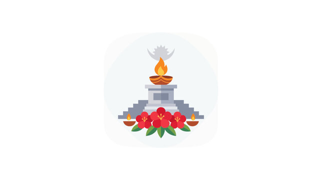 Diwali diya lamp on altar with flowers, Indian festival celebration, festive lights