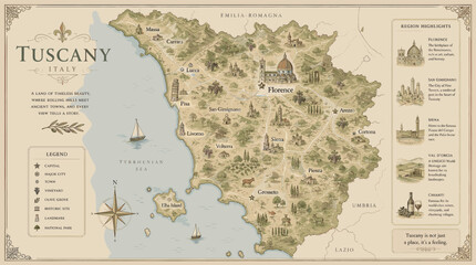 A beautifully illustrated map of Tuscany, Italy, showcasing its cities, towns, landmarks, and geographical features with artistic detail. © pria